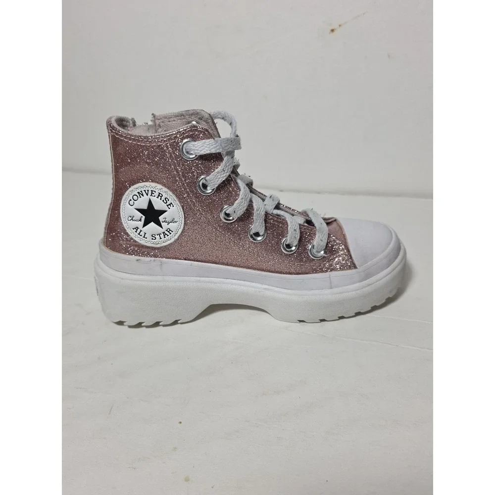 Converse Kids High-Top Glitter Lug sole Sneakers in Rose Gold and White